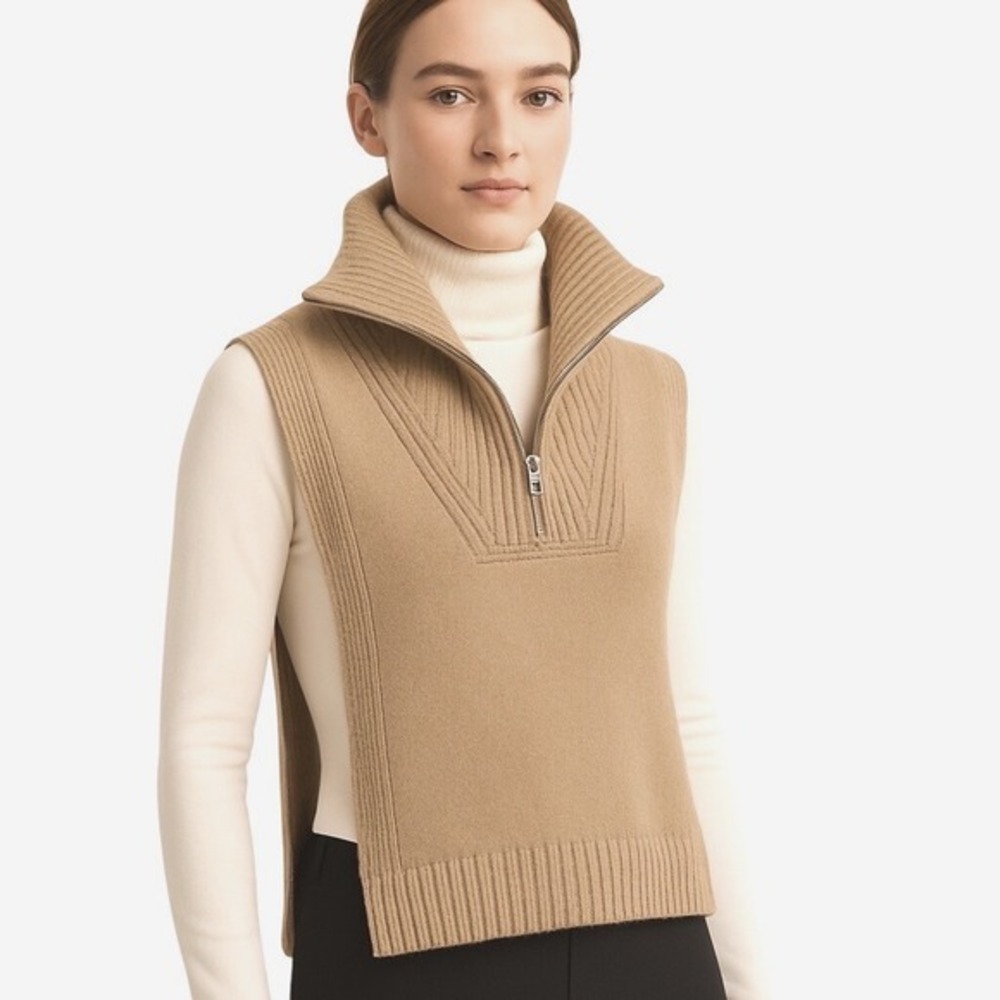 H&M Camel‎ Knit Quarter Zip Vest Sweater OS  Wool Blend Lagenlook Winter 91-21